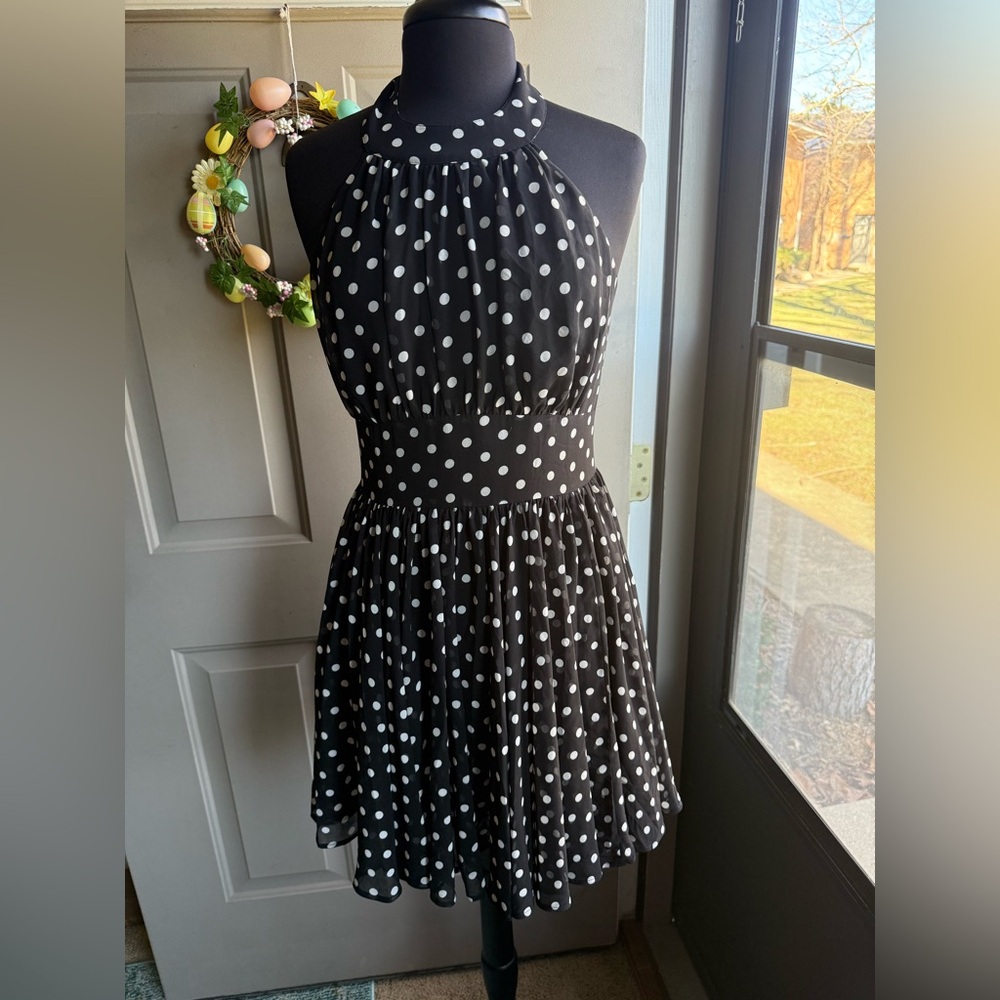 Y2K Moda International mini polka dot halter swing dress, size 10